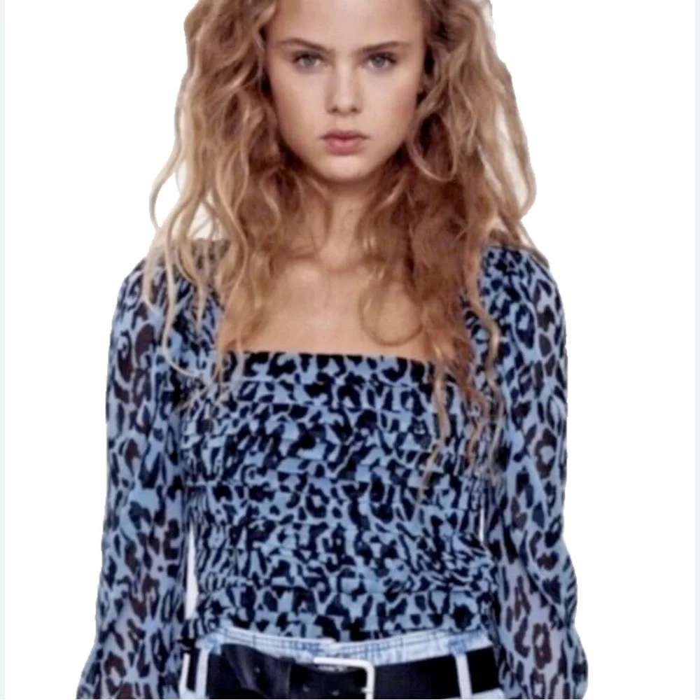 ZARA Womens Blue Animal Print Balloon Long Sleeve Pleated Crop Blouse Top Small